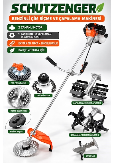 Schutzenger Hq-51 Benzinli Çapalama Ve Eşeleme Başlıklı Çim Biçme Ot Kesme Makinesi Zinçirli Tel Fırçalı Başlık