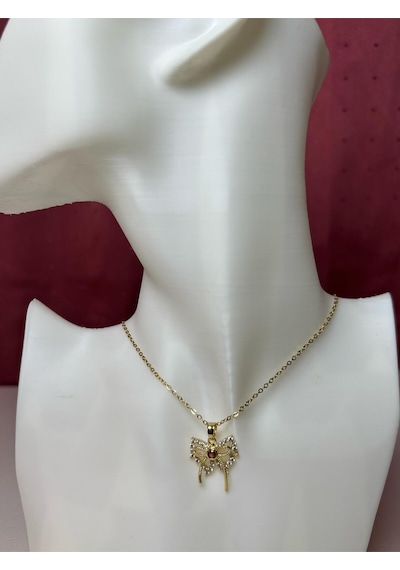 Çelik Gold Zirkon Taşlı Kelebek Kolye Altin