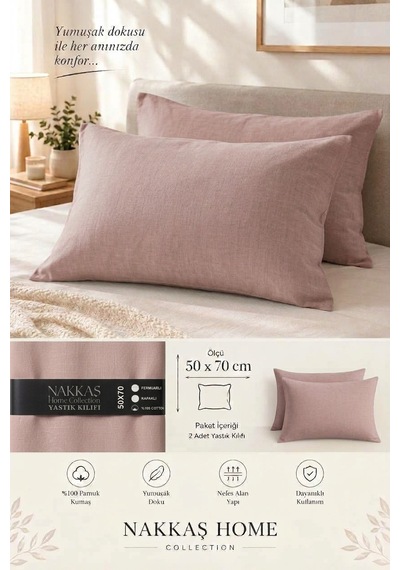 Nakkaş Home Collection 2'li Pamuklu Fermuarlı Yastık Kılıfı Seti - 50x70 Cm Düz Renk Yastık Kılıfı Açık Lila