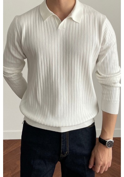 Cool Tarz Erkek Polo Yaka Triko Kazak Slim Fit Fitilli Beyaz
