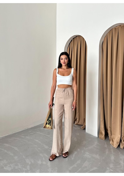 Laluvia Vizon %100 Keten Palazzo Pantolon Vizon
