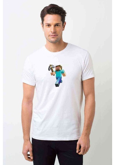 Minecraft Steve Baskılı Beyaz Erkek Tshirt