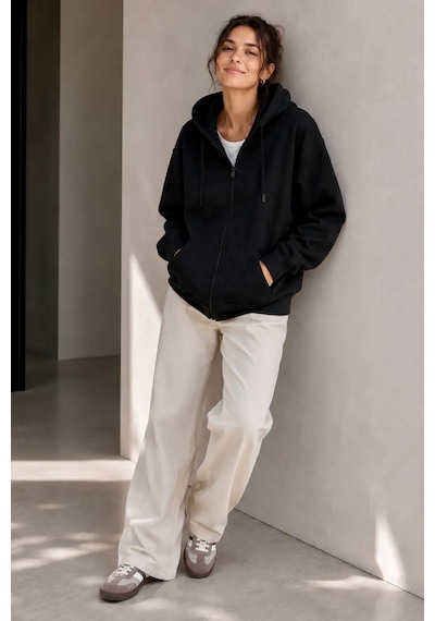 Bb Butik Basic Oversize Kalın Üç Iplik Fermuarlı Kapüşonlu Sweatshirt siyah