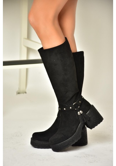 Fox Shoes T996224002 Siyah Süet Kalın Topuklu Kadın Çizme Siyah-süet