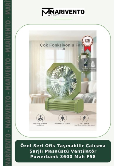 Özel Seri Ofis Taşınabilir Çalışma Şarjlı Masaüstü Vantilatör Powerbank 3600 Mah F58