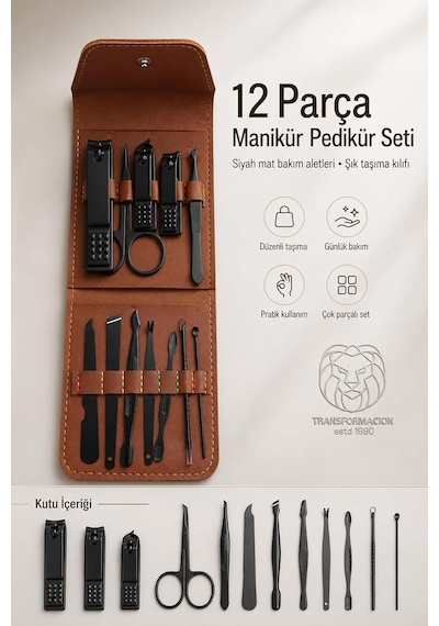 Tr 12 Parça Paslanmaz Çelik Manikür Pedikür Seti, Tırnak Makası, Törpü, Cımbız, Kütikül Aleti, Siyah Mat, 11