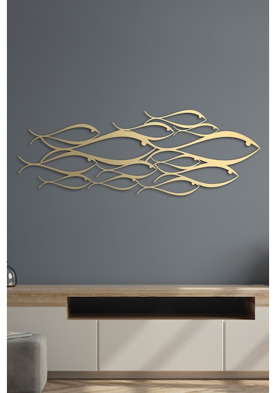 School Of Fish Metal Duvar Dekorasyonu - Gold - 150 X 53 Cm