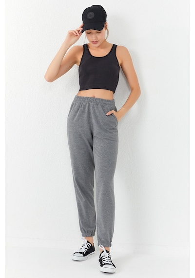 Tommy Life Füme Basic Sıfır Kol Dar Kalıp U Yaka Kadın Crop Top Atlet - 97160 Füme