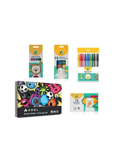 4 Lü Boyama Seti + Resim Defteri 25x35, 12 Renk, Keçeli Kalem, Kuru,pastel Ve Sulu Boya, Fırça Dahil