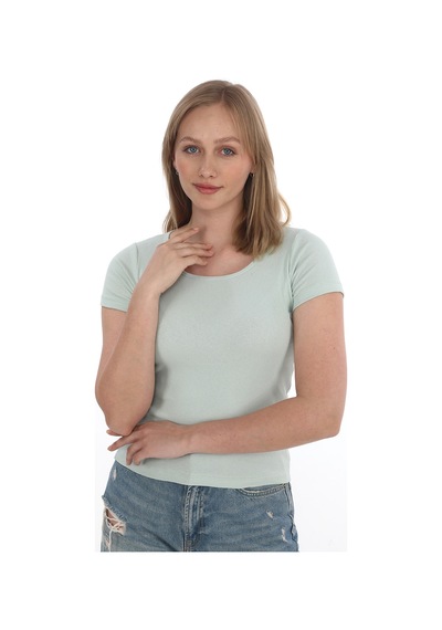 Monox Kadın Fitilli Likralı Pamuk Basic Tshirt Yeşil