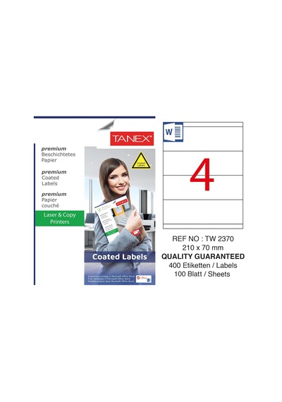Tanex TW-2370 210x70mm Kuşe Lazer Etiket 100 Lü Paket