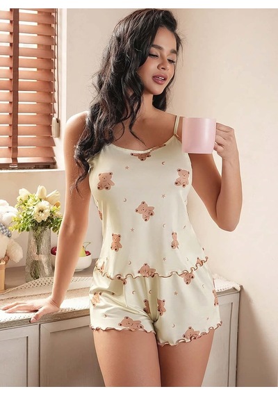Motto10 Butik Kadın Bej Ayıcık Desenli Örme Yazlık Şort Takım 5199 Diğer