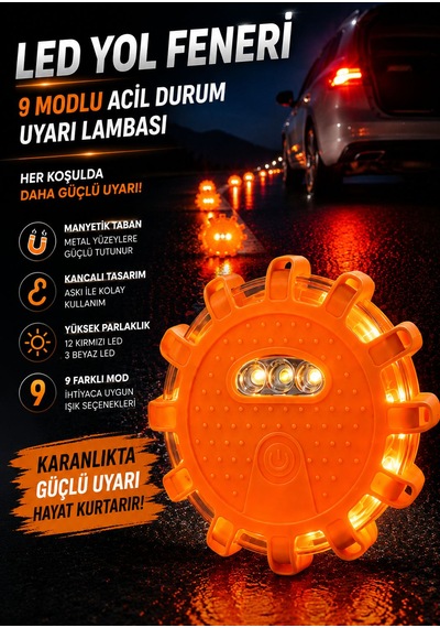 Led Yol Feneri 9 Modlu Manyetik Acil Durum Uyarı Lambası Askılı Ve Manyetikli