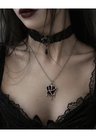 Gotik Kırmızı Kalp Damla Tasarım Unisex Kolye Gümüş Renk Zincir Çok renkli