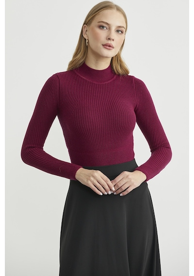 Sementa Yarım Balıkçı Fitilli Bodysuit Triko Kazak - Bordo Bordo