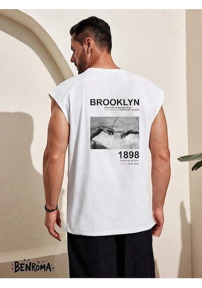 Brooklyn 1898 Baskılı Kolsuz Tişört BEYAZ
