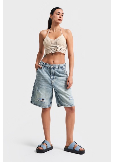 it's basic Kadın G Kot Rengi Baggy Fit Bol Kesim Yırtık Detaylı Denim Şort Lazer Kot Rengi