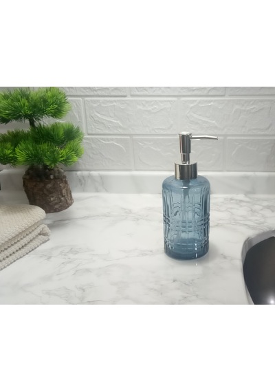 Cam Sıvı Sabunluk,kristal Desenli Mavi 300ml Banyo Seti 6,8x17,