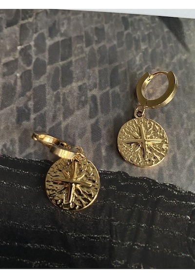 Kutup Yıldızı Halka Çelik Kararmaz Gold Kaplama Küpe Çifti