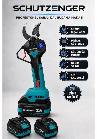 Dijital Göstergeli Dal Budama Bağ Makası 2 Adet 10 Pilli Batarya 50mm Bıçak Ağzı Kömürsüz Motor Mavi-600