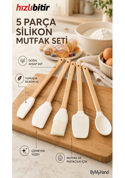 Bymyhand Ahşap Saplı Slikon Uçlu Slikon Mutfak Ve Pasta Yapım Hazırlık 5'li Set