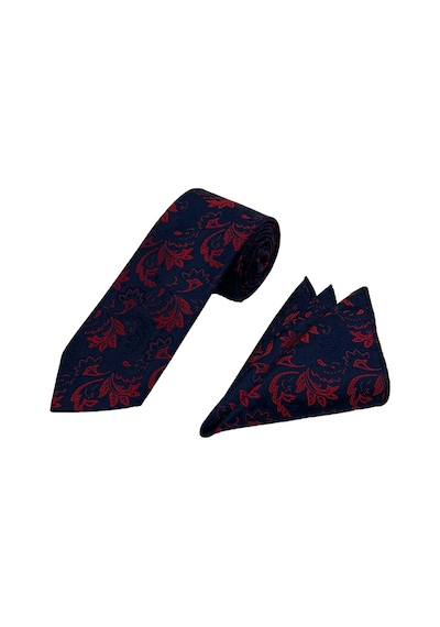 Brianze Lacivert Kırmızı Motif Desen Kravat Mendil Set Lacivert