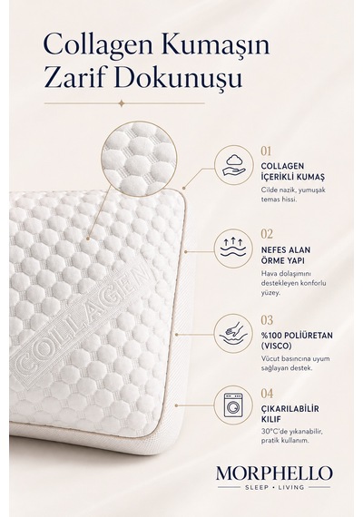 Morphello Collagen Ortopedik Yastık 40 60 Cm Boyun Destekli Yıkanabilir Kılıflı Nefes Alan Premium Uyku Yastığı Krem