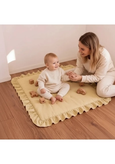 Keten Oyun Halısı, Kare Oyun Matı, Fırfırlı Oyun Minderi - Sarı