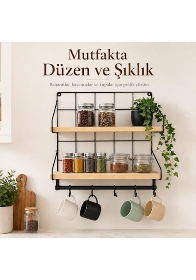 Tr Mutfak Rafı - 2 Katlı Baharatlık Ve 6'li Kupa Askısı - Duvar Tipi Metal Ahşap Mutfak Düzenleyici - 40x30x10 Cm Diğer