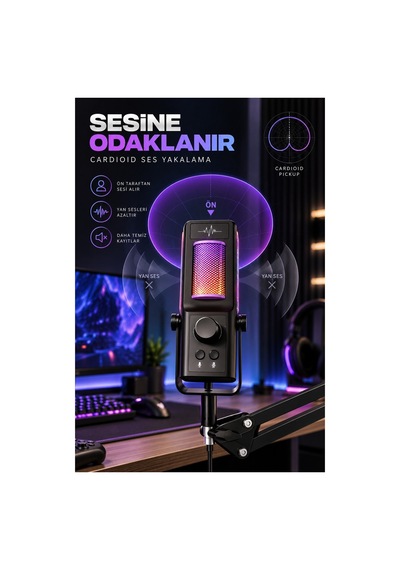 Robeve Yk Mc671 Profesyonel Yayıncı Mikrofonu Ve Oyuncu Mikrofonu Rgb Aydınlatmalı Mikrofon, Gürültü Azaltma, Ses Kontrolü Ve Ayarlanabilir Masa Uzatma Kollu Gaming Mikrofon