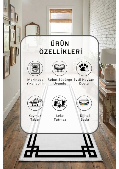 Çerçeve Klasik Boş Siyah Yıkanabilir Yolluk