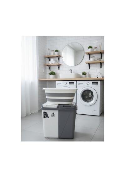 60 Lt İki Bölmeli Kirli Çamaşır Sepeti & 27 Lt Katlanabilir Sele Takımı Banyo Düzenleyici Takım Gri - 833547199 Gri