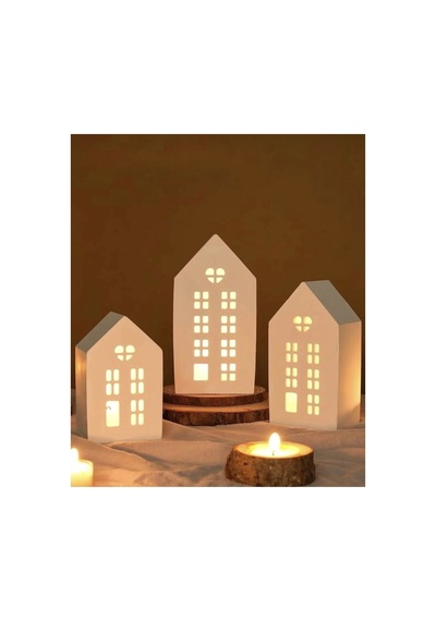 3 Lü Kış Evi 3 Adet Pilli Tealight Mumluk Dahil 21cm-19cm-16 Cm