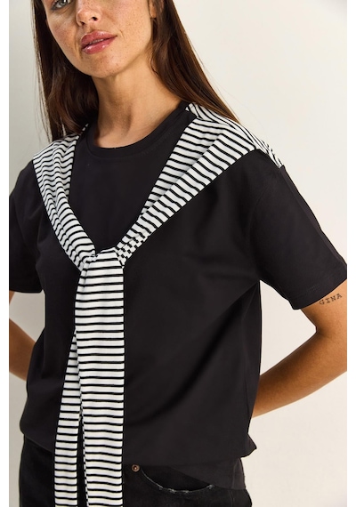 Shade Kadın Çizgili Şal Detaylı Relaxed Basic T-shirt 7679 60286112 - Siyah