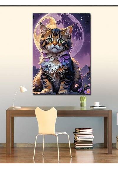 Kanvas Tablo Yavru Kedi Ve Dolunay 100cmx140cm