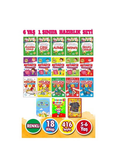 6 Yaş 1. Sınıfa Hazırlık Seti - İlkokula Başlayacaklar İçin Çizgi Çalışmaları Matematik Ve Kodlama Setleri