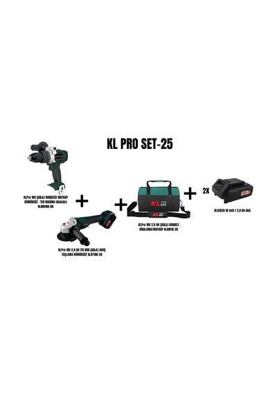 Klpro Set-25 Klpro 18v Şarjlı Darbesiz Matkap Kömürsüz+18v 2.0 Ah 115 Mm Şarjlı Avuç Taşlama Kömürsüz+büyük Boy Taşıma Çantası