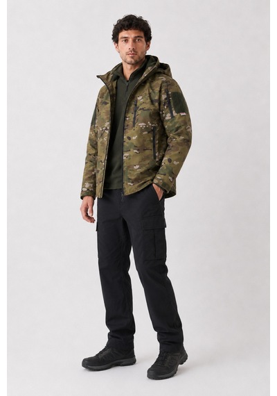 Maison Rae Erkek Outdoor Softshell Kamuflaj Mont Çıkarılabilir Kapüşonlu, Polar Astarlı, Çok Cepli, Patch Cırt Detaylı