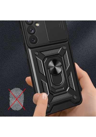 Noktaks Samsung Uyumlu Galaxy A34 Kılıf Sürgülü Kamera Korumalı Yüzüklü Çift Katman Zırh Tank Vega Kapak Siyah