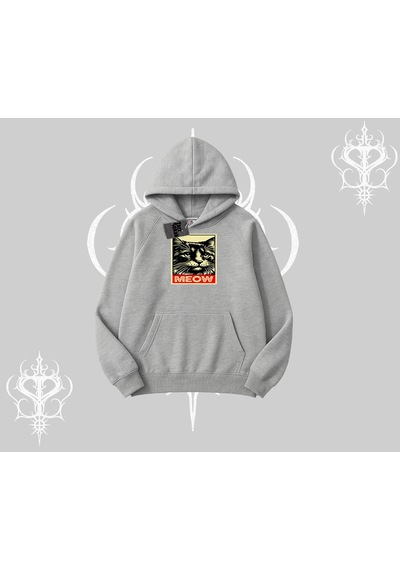 Startmore Meow Yazılı Kedi Portre Baskılı Kapşonlu Sweatshirt Gri