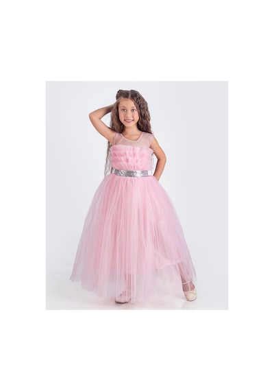 Mnk Baby & Kids Sapes Model Sırt Gipeli Tüllü Kız Çocuk Askılı Saten Abiye Mnk0618 Pembe