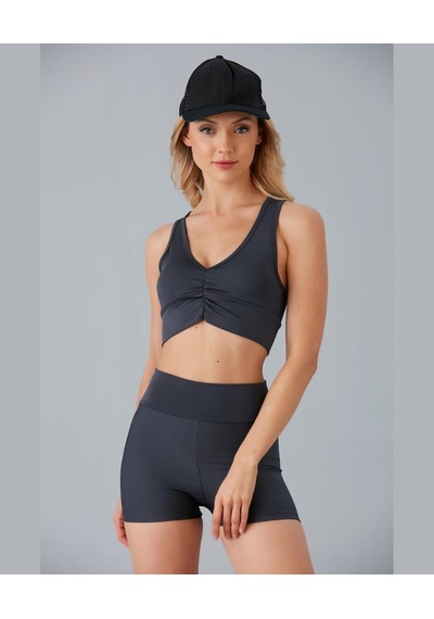Aurafit Kadın Önü Büzgülü Arkası Çapraz Kaplı Croptop/büstiyer Antrasit