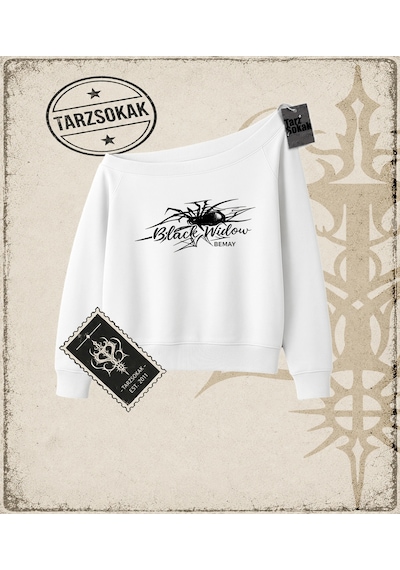 Tarzsokak Gotik & Grunge Streetwear Black Widow Omuzu Açık Spider Kayık Yaka Sweatshirt Beyaz