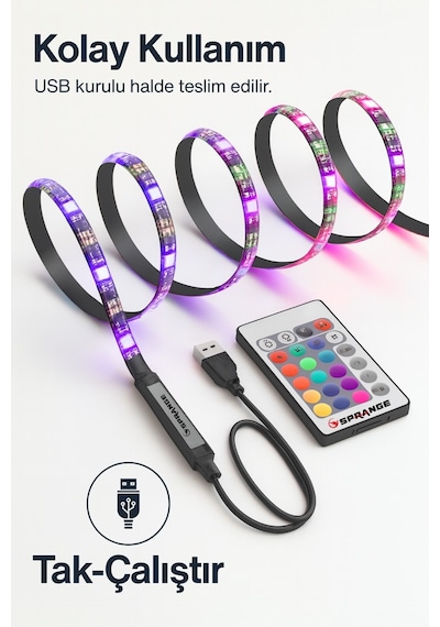 5 Metre Rgb Şerit Led 16 Renkli Kumandalı 4 Modlu Ayarlanabilir Işık 5v Usb Silikon Neon Led RGB