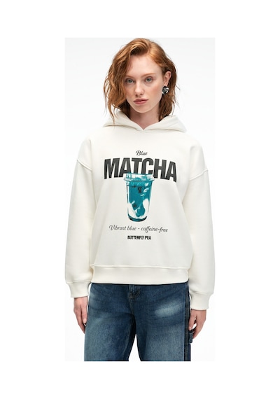 Grimelange YANMESA Kadın Oversize Baskı Ve Nakış Detaylı Uzun Kollu Kapüşonlu Beyaz Sweatshirt