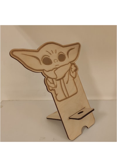 1 Fark - Ahşap Masaüstü Figürlü Telefon Standı - Grogu -Baby Yoda