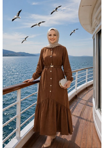 Hb Harma Time Butik Kadın Düğmeli Kemerli Çilek Kumaş Kahverengi Elbise