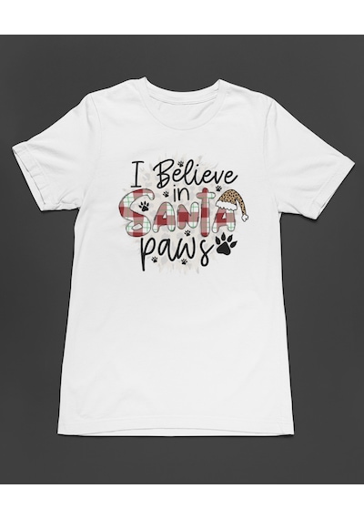 Bumeta Christmas Santa Paws Köpek Baskılı Unisex Tişört T-shirt Beyaz