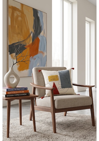 Renkli Soyut Kadın Yüzü Ve Yaprak Desenli Punch Nakışlı Püsküllü Pamuk Kırlent Kılıfı 42x42 Cm Bej