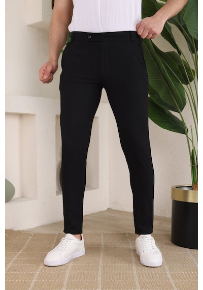 Moderie Butik Erkek Slim Fit Likralı Bilek Boy Dilli Kumaş Pantolon Siyah